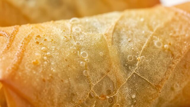 Macro close up of traditional Chinese New Year spring rolls frying