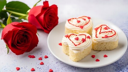Valentine&rsquo;s Day Heart Cupcakes with Cream Frosting and Red Roses on White Plate