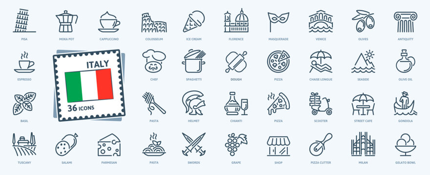 Italy, an Italian-themed icon set, a collection of thin line icons featuring images of Rome, Milan, Venice, Pisa, Florence, Tuscany, and traditional food and drink.