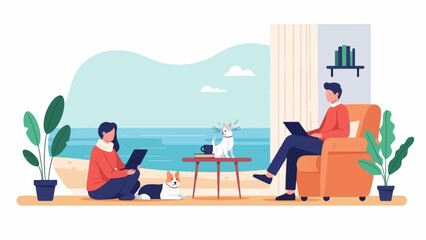 Obraz na płótnie Canvas Couple working on laptops with pets by the sea, with plants and books