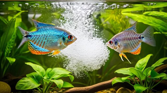 Close-up of Gourami Fish Pair Building Bubble Nest in Aquarium