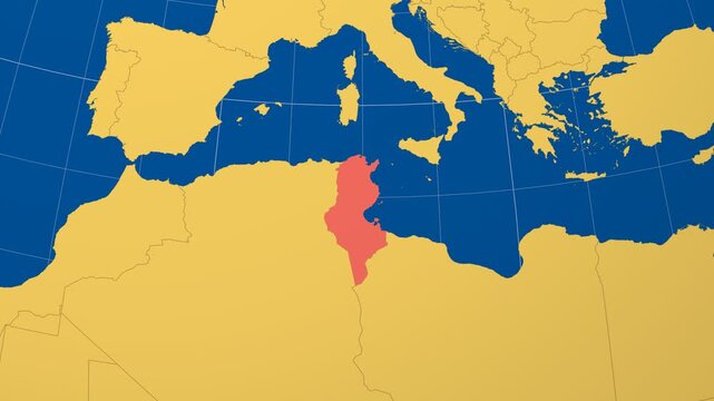 Tunisia on Globe. Animated zoom into the country in Ocean Blue Golden Yellow color palette. Tunisia logo animation. Map with meridians, parallels. Authentic video.
