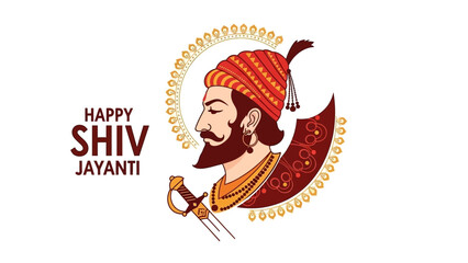 Vector illustration of a character celebrating Shiv Jayanti, a significant Indian cultural event, with traditional attire and sword, set against a clean white background with a festive mood.