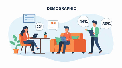 Diverse individuals collaborate, share data, and present demographic insights with percentages