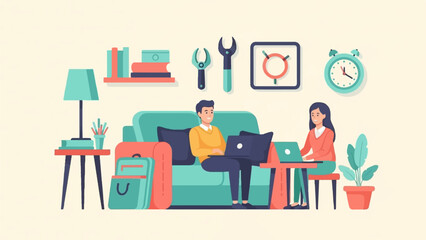 Couple working remotely from home, surrounded by office and home decor elements