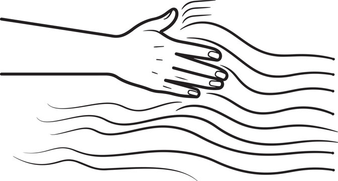 Hands washing under running water from a faucet icon, simple outline drawing for hygiene and sanitation concept vector illustration