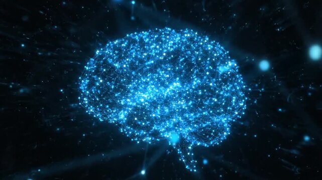 Abstract digital illustration of a glowing blue brain made of interconnected dots and lines, representing artificial intelligence and neural networks