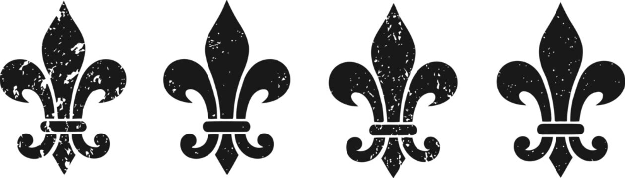 set of four black fleur de lis symbols with grunge texture isolated on white background