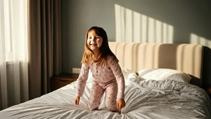 Joyful child jumping on bed in sunny bedroom, capturing pure happiness and energy - Powered by Adobe