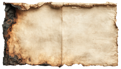Two-page spread of aged parchment, edges charred from burning, with visible texture