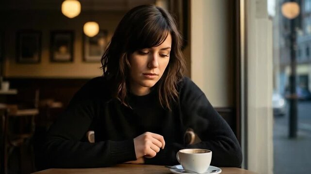 Contemplative woman in cafe sipping coffee: serene moment captured through window light