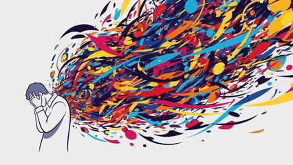 A person surrounded by vibrant, dynamic splashes of colorful paint, conveying a sense of creativity and artistic expression.