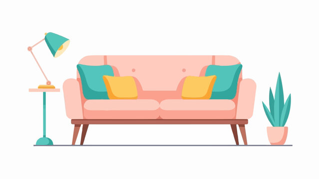 Cozy living room scene with a pink sofa, teal and yellow cushions, a lamp, and a plant