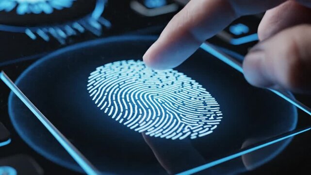 Fingerprint scan on digital screen with glowing blue interface and finger touch