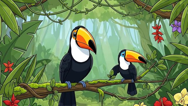 Colourful Toucans Resting on a Branch in Tropical Rainforest Illustration