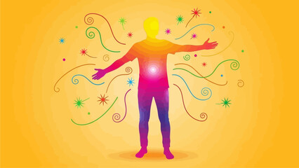 Obraz premium Vibrant illustration of a person surrounded by swirling colorful shapes and stars on a bright yellow background