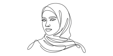 Minimalist continuous line art of a woman in hijab
