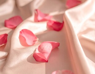 Close-up of soft pink fabric with subtle folds, warm lighting, romantic texture, calm and intimate feeling, minimal composition, elegant Valentine background