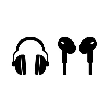 Headphones and earbuds silhouette vector icon, audio and music symbols