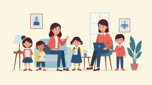 Diverse family scene with children, mothers, learning, and technology