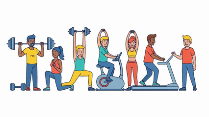 Diverse group of people engaged in various fitness activities with weights, cycling and running
