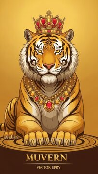Regal golden tiger statue adorned with crown and jewelry against a warm amber background.