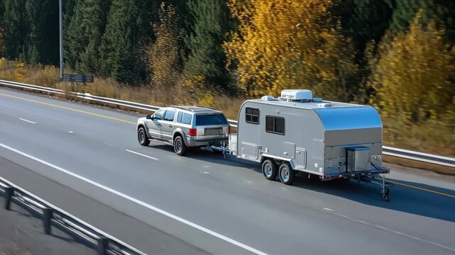 Medium shot of a vehicle towing a heavy trailer focused on respecting weight limits for safe highway travel.