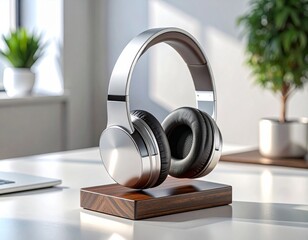 Minimalist Aluminum and Walnut Wood Headphone Stand Mockup Desk Setup