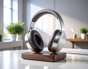 Minimalist Aluminum and Walnut Wood Headphone Stand Mockup Desk Setup