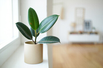 A healthy lush green ficus elastica plant with large glossy leaves in a simple beige pot sits on a white windowsill with a blurred background of a modern living room