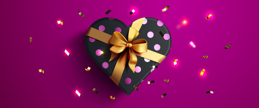 Beautiful heart-shaped gift box with a golden bow and festive confetti on a vibrant magenta background.