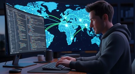 Cybersecurity Specialist Analyzing Global Network Data on Computer.
