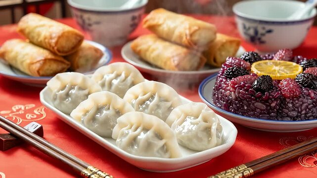 Steaming dumplings and spring rolls on Chinese New Year dinner table