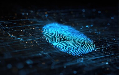 Glowing blue fingerprint on digital surface, connected by light trails, high tech, futuristic