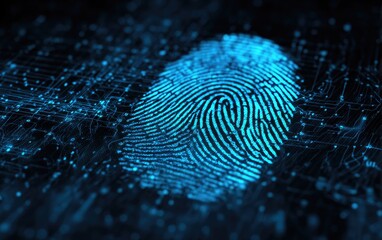 Blue fingerprint impression with glowing trails on a dark background, digital illustration