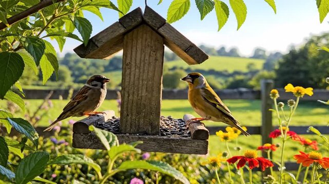 Two Birds Enjoying a Sunny Day at a Wooden Bird Feeder with Blooming Flowers and a Green Rolling Hill in the Background