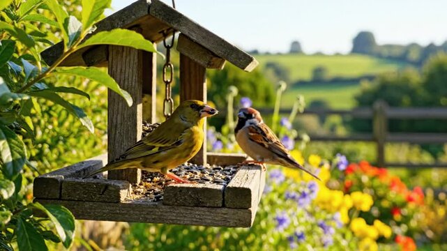 Beautiful garden bird feeder scene with green finch and house sparrow enjoying seeds in the sunshine