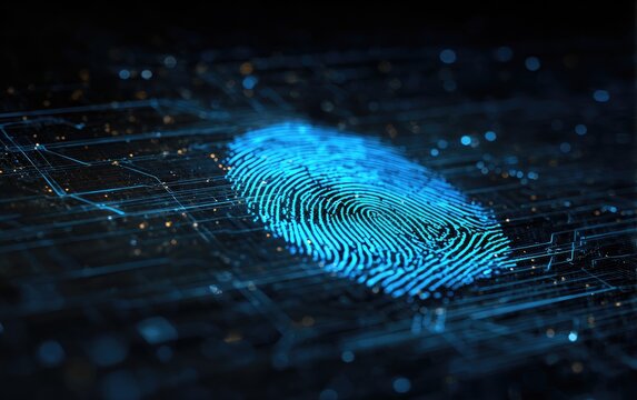 Glowing blue fingerprint on digital surface, connected by light trails, high tech, futuristic - Powered by Adobe
