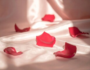 Rose petals scattered on silky fabric, soft shadows, warm romantic light, dreamy Valentine mood, shallow focus, gentle tones, luxury aesthetic
