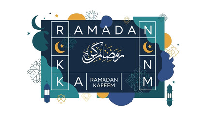 A digital illustration featuring a Ramadan Kareem and Mubarak background with a mix of Arabic calligraphy and English text on a white background with a vibrant color scheme.