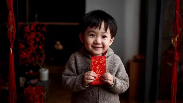 Chinese lunar new year holiday celebration. Spring festival tradition. Chunjie. Asia. A young child holds a red packet with intricate gold designs, possibly representing Chinese New Year.