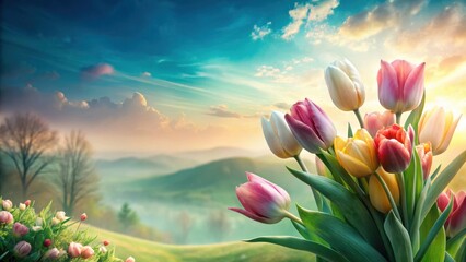 A vibrant bouquet of tulips at sunrise, nestled amongst a serene landscape of rolling hills and tranquil meadows