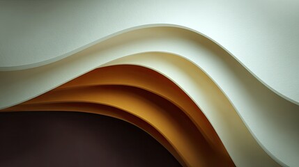 Abstract composition of layered paper sheets in shades of cream, white, and orange, creating smooth curves and a modern minimalist aesthetic.