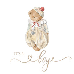 Watercolor Teddy Bear It's a Boy Baby Announcement Vector Illustration