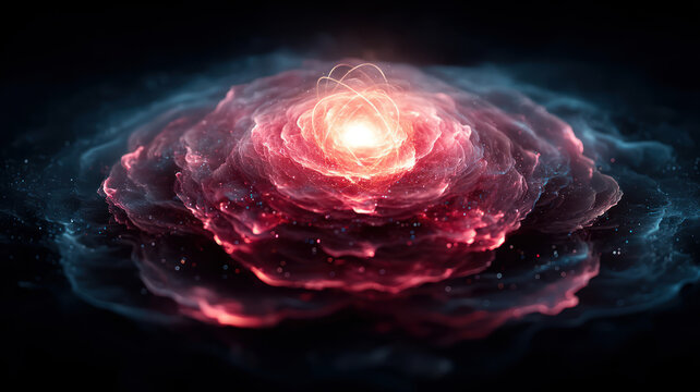 Electron cloud surrounding a nuclear core, artistic imagination, black background