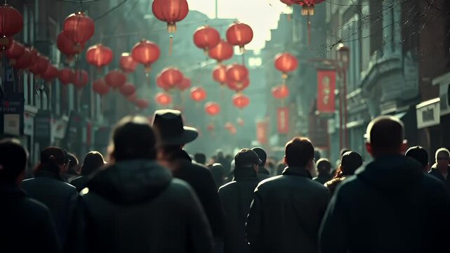 Chinese lunar new year holiday celebration. Spring festival tradition. Chunjie. Asia. A vivid portrayal of a bustling street scene with a crowd of people, including a man in a fedora hat.
