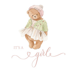 Watercolor Teddy Bear It's a Girl Baby Shower Vector Illustration
