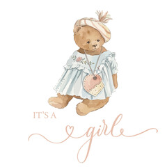 Watercolor Teddy Bear It's a Girl Baby Shower Vector Illustration