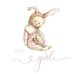 Watercolor Teddy Bear It's a Girl Bunny Bonnet Baby Shower Vector Illustration