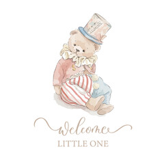 Watercolor Teddy Bear Welcome Little One Baby Greeting Vector Illustration
